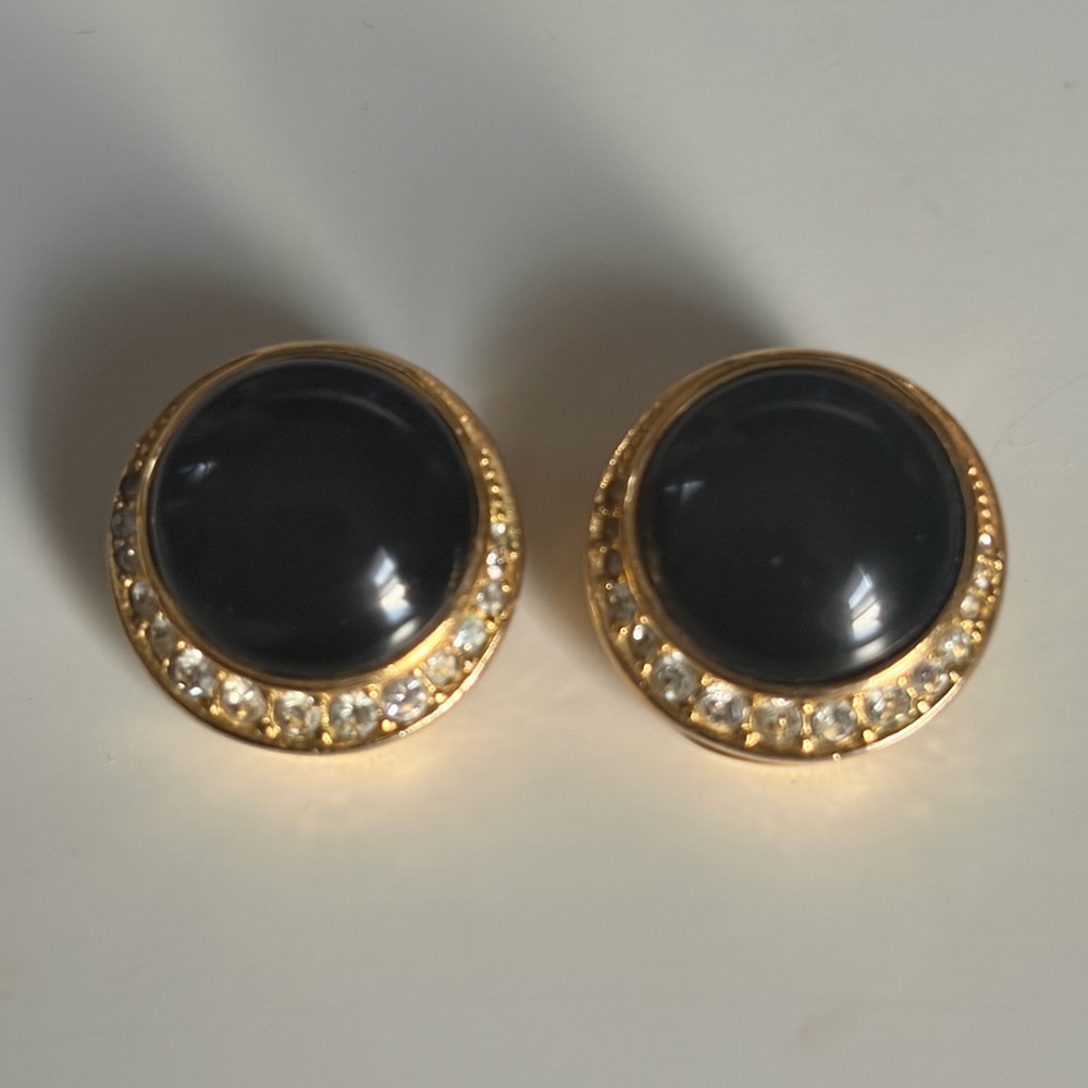 Vintage Christian Dior Black Cabochon Gold Tone Clip On Earrings